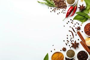 Spices and herbs on white background. Food and cuisine ingredients, Herbs and spices selection on white background with copy space for text, AI Generated photo