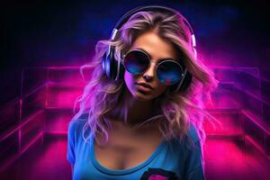 Beautiful young woman with headphones listening to music. Disco club, Hot girl DJ in neon lights. Poster of sexy TDJ at the night club party, AI Generated photo