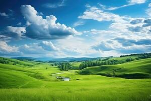 hermosa verano paisaje con verde prado y azul cielo con nubes, montañoso verde paisaje ver con verde césped y hermosa cielo, ai generado foto