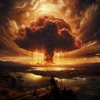 Man standing on the edge of cliff and looking at big explosion, Huge nuclear bomb explosion, end of the world, doomsday in a post ap, AI Generated photo