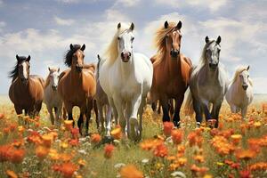 manada de caballos en un campo de flores en el primavera, manada de caballos en pie en un floral prado, ai generado foto