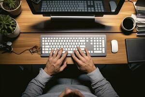 parte superior ver de masculino manos mecanografía en computadora teclado mientras sentado a de madera mesa, alto ángulo ver de masculino manos mecanografía en computadora teclado mientras trabajando en oficina, ai generado foto