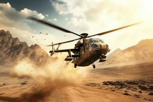 helicóptero en el desierto. 3d prestar. conceptual imagen, helicóptero en el desierto. militar escena. 3d prestar, ataque helicópteros volador en un zona de guerra y tiroteo, ai generado foto