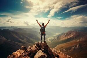 Hiker with backpack standing on top of a mountain and enjoying the view, Hiker celebrating success on the top of a mountain, Full rear view, high hands over head, AI Generated photo