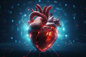 Human heart in digital background. 3d illustration. Elements of this image furnished by NASA, Human heart on blue background. 3d rendering, 3d illustration, AI Generated photo