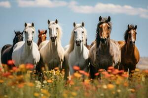 Herd of horses standing in a field of flowers. Selective focus, Herd of horses standing on a floral meadow, AI Generated photo