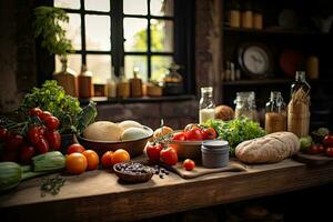 Fresco vegetales en un de madera mesa en un rústico cocina, vertical, sano comida en un de madera mesa en un rústico cocina, ai generado foto