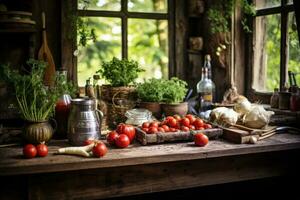 Tomatoes in a rustic kitchen on a rustic wooden table, Healthy food on a wooden table in a rustic kitchen, AI Generated photo