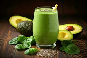 Healthy green smoothie with avocado, spinach and chia seeds, Healthy green smoothie with chia seeds, spinach and apple on a light background, AI Generated photo