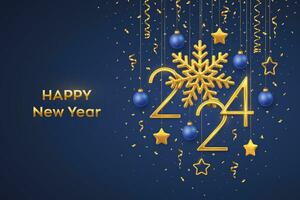 Happy New 2024 Year. Hanging Golden metallic numbers 2024 with shining snowflake and confetti on blue background. New Year greeting card or banner template. Holiday decoration. Vector illustration.