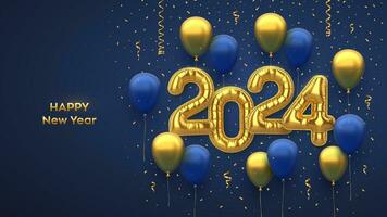 Happy New 2024 Year. Golden foil balloon numbers and inflatable holiday balloons on blue background. High detailed 3D realistic gold foil helium balloons. Christmas greeting card. Vector illustration.