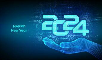 Happy New 2024 Year. Numbers 2024 made with binary code in wireframe hand. Digital binary data and streaming digital code background. Matrix background with digits 1.0. Vector illustration.