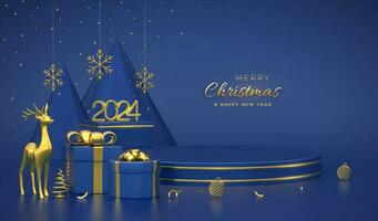 Christmas Scene and 3D round platforms on blue background. 3D Golden numbers 2024. Blank Pedestal with deer, shining snowflakes, balls, gift boxes, gold metallic cone shape pine, spruce trees. Vector. vector
