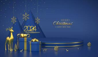 Navidad escena y 3d redondo plataformas en azul antecedentes. 3d dorado números 2024. blanco pedestal con ciervo, brillante copos de nieve, pelotas, regalo cajas, oro metálico cono forma pino, abeto arboles vector. vector