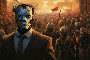 A group of zombies in front of a red flag in a city, Humanity's Last Stand A masked human leader defiantly leads the final resistance against overwhelming AI robots, AI Generated photo