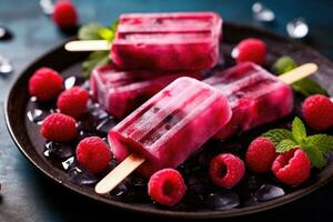 Homemade popsicles with fresh raspberries and mint leaves on a dark background. Selective focus, Homemade raspberry popsicles on plate with ice and berries, AI Generated photo