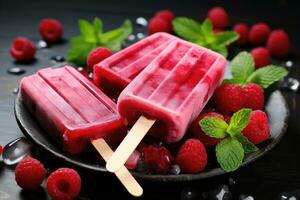 Homemade raspberry popsicles with fresh raspberries and mint on a black wooden background, Homemade raspberry popsicles on plate with ice and berries, AI Generated photo