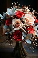 Colorful winter bouquet with roses lilies and berries photo