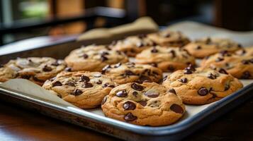 delicioso chocolate chip galletas Fresco desde el horno en un bandeja foto