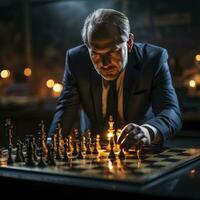 A photograph featuring a businessman strategically moving a chess piece on a board game photo