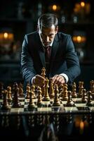 A photograph featuring a businessman strategically moving a chess piece on a board game photo