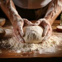 Flour-covered hands forming dough into perfect round shapes photo