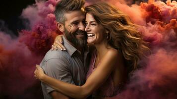 Fun and playful couple posing with colorful smoke bombs photo