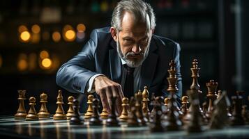 A photograph featuring a businessman strategically moving a chess piece on a board game photo