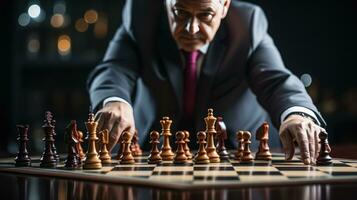A photograph featuring a businessman strategically moving a chess piece on a board game photo