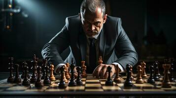 A photograph featuring a businessman strategically moving a chess piece on a board game photo