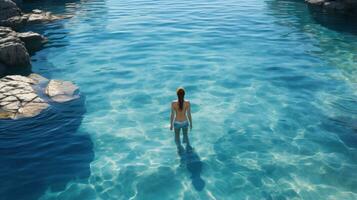 un sereno Disparo de un solitario nadador en un claro como el cristal piscina foto