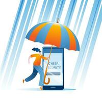 A girl with an umbrella protects her mobile phone from hacker attacks. vector