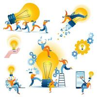 A set of vector illustrations on the topic of big ideas and teamwork.