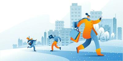 Characters in warm clothes walk against the background of a winter city. vector