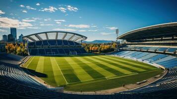 A soccer stadium with a lawn field photo