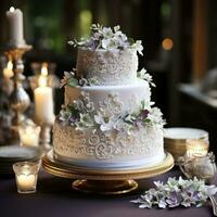 Beautifully decorated wedding cake with intricate detail photo