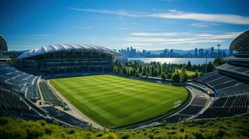 A soccer stadium with a lawn field photo