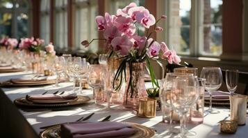 Elegant reception tables decorated with pink and gold accents photo