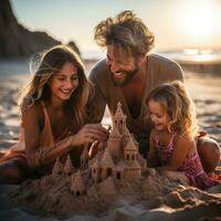 Happy parents and children building sandcastles on the beach photo