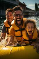 Laughing family having fun while riding on a banana boat photo