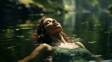 Peaceful image of a woman floating on her back in a tranquil lake photo