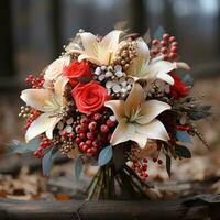 Colorful winter bouquet with roses lilies and berries photo