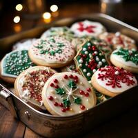 Close-up of a tray of beautifully decorated Christmas cookies photo