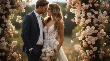 contento recién casados besos debajo un hermosa floral arco foto