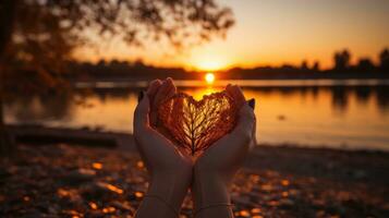 silueta de manos formando corazón forma con puesta de sol fondo foto