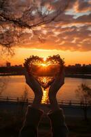 Silhouette of hands forming heart shape with sunset backround photo