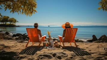 Relaxed family lounging on beach chairs and enjoying the view photo