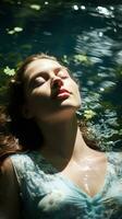 Peaceful image of a woman floating on her back in a tranquil lake photo