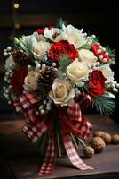 Festive bouquet of red and white flowers with a plaid ribbon photo