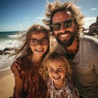 Excited family taking a group selfie on the shore photo